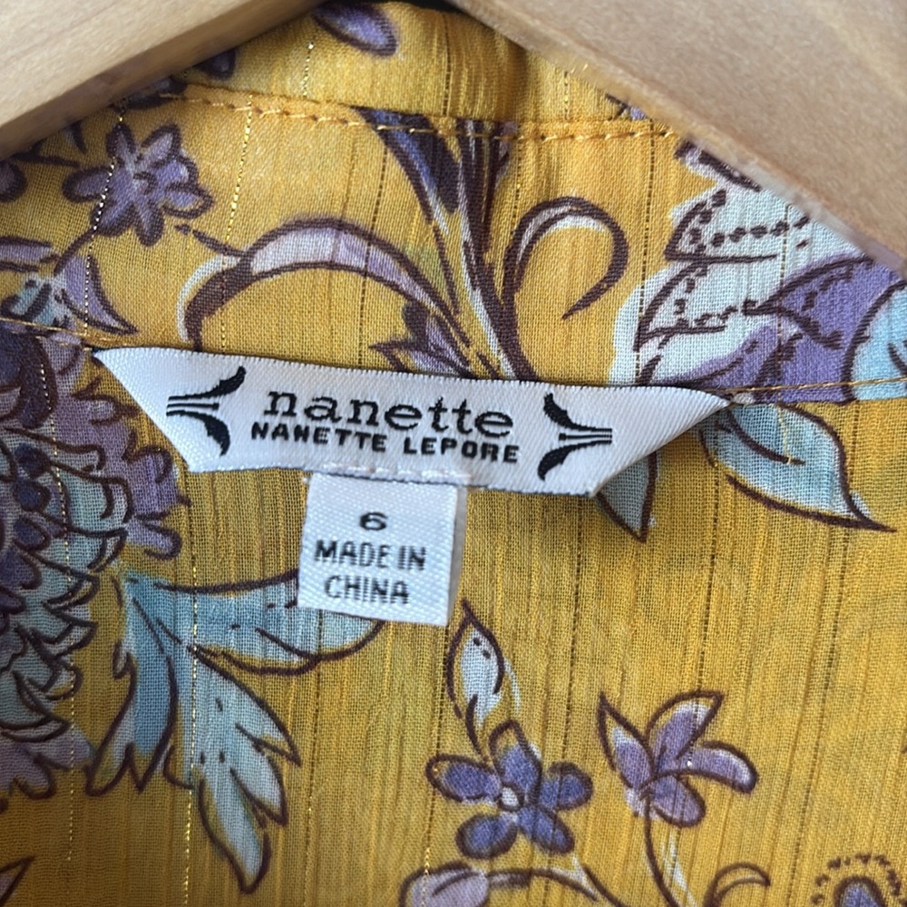 Nanette Lepore Gold Purple Floral Sheer Collared Button Down Midi Dress Sz 6 - Picture 6 of 10